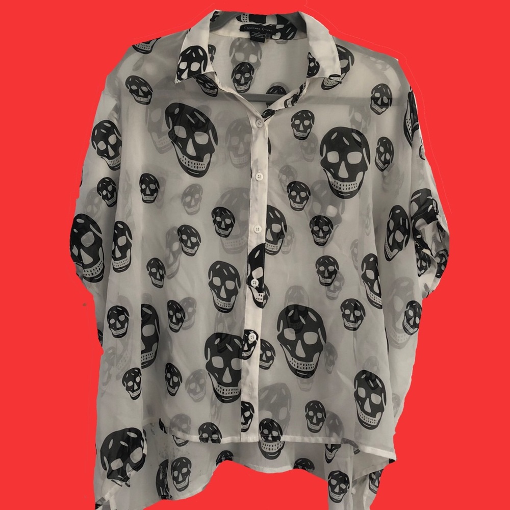 VTG Caribbean Queen Sheer Skull Batwing Shirt SzM